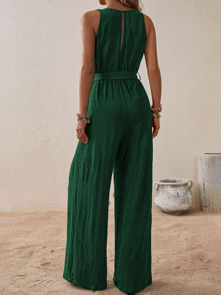 1950s Surplice V-Neck Solid Belted Jumpsuit: 1950s detail work for the woman who notices