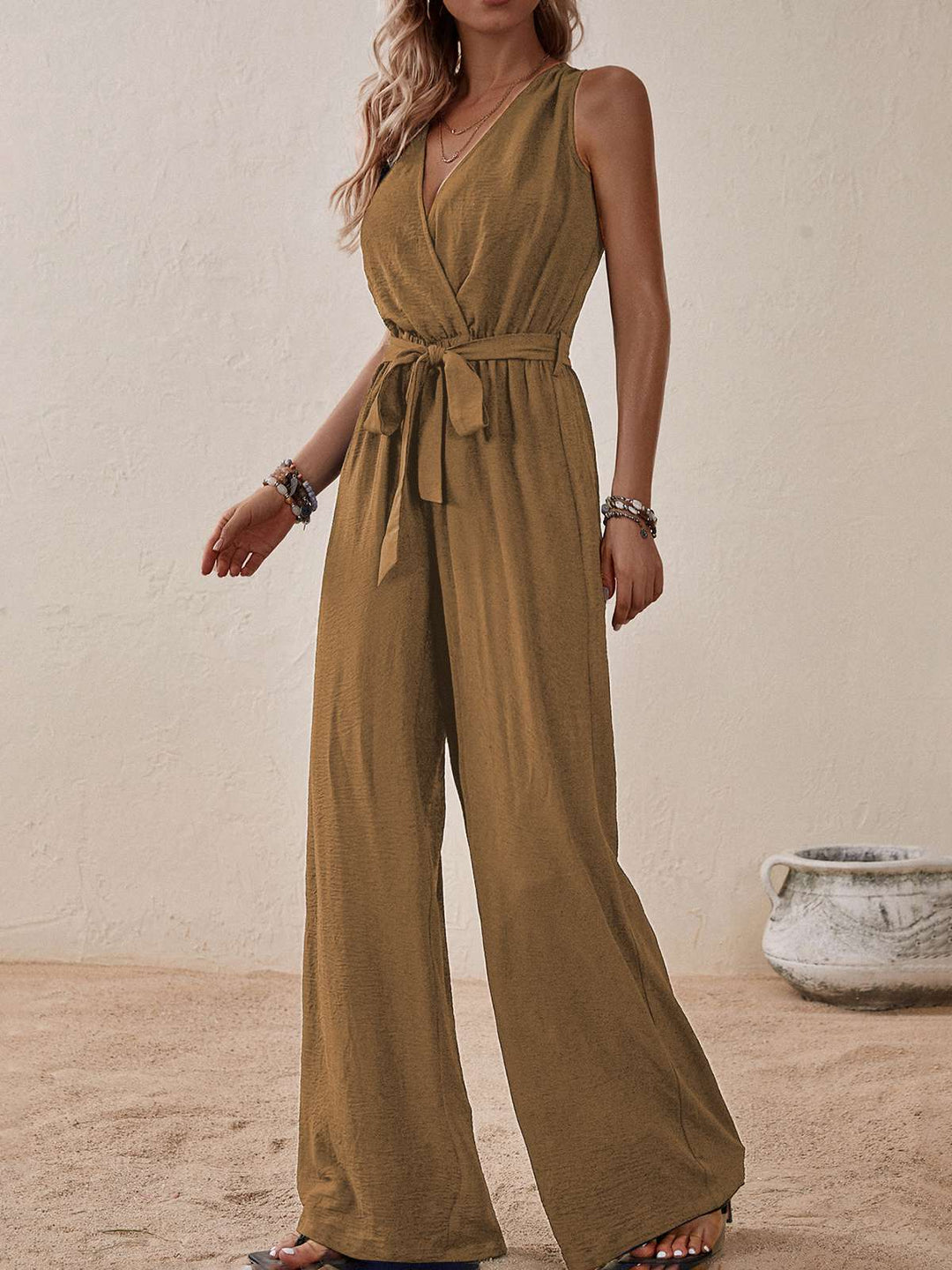 1950s Surplice V-Neck Solid Belted Jumpsuit: 1950s detail work for the woman who notices