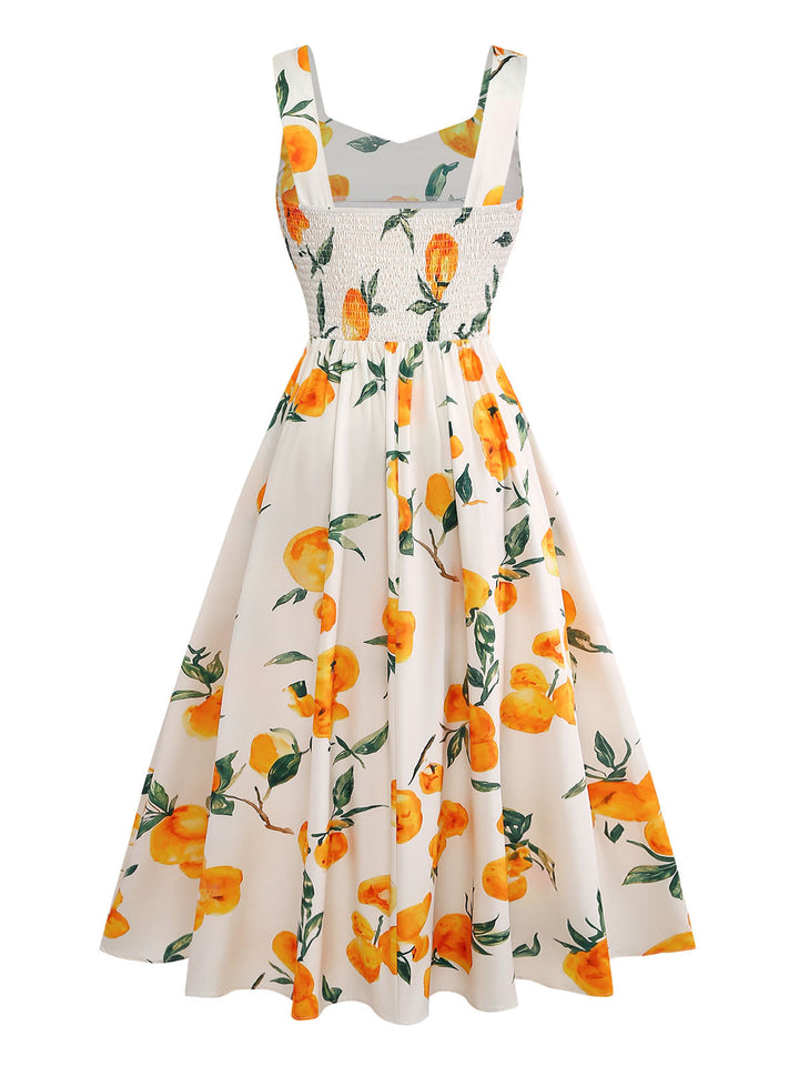 Orange 1950s Vintage Floral V Neck Dress 2