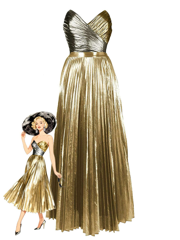 2PCS Gold 1950s Metallic One-Piece Swimsuit &amp; Pleated Cover-Up - vintage swimsuit, pin-up style, glamorous gold
