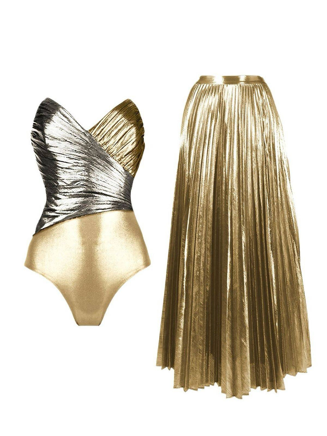 2PCS Gold 1950s Metallic One-Piece Swimsuit &amp; Pleated Cover-Up - vintage swimsuit, pin-up style, glamorous gold