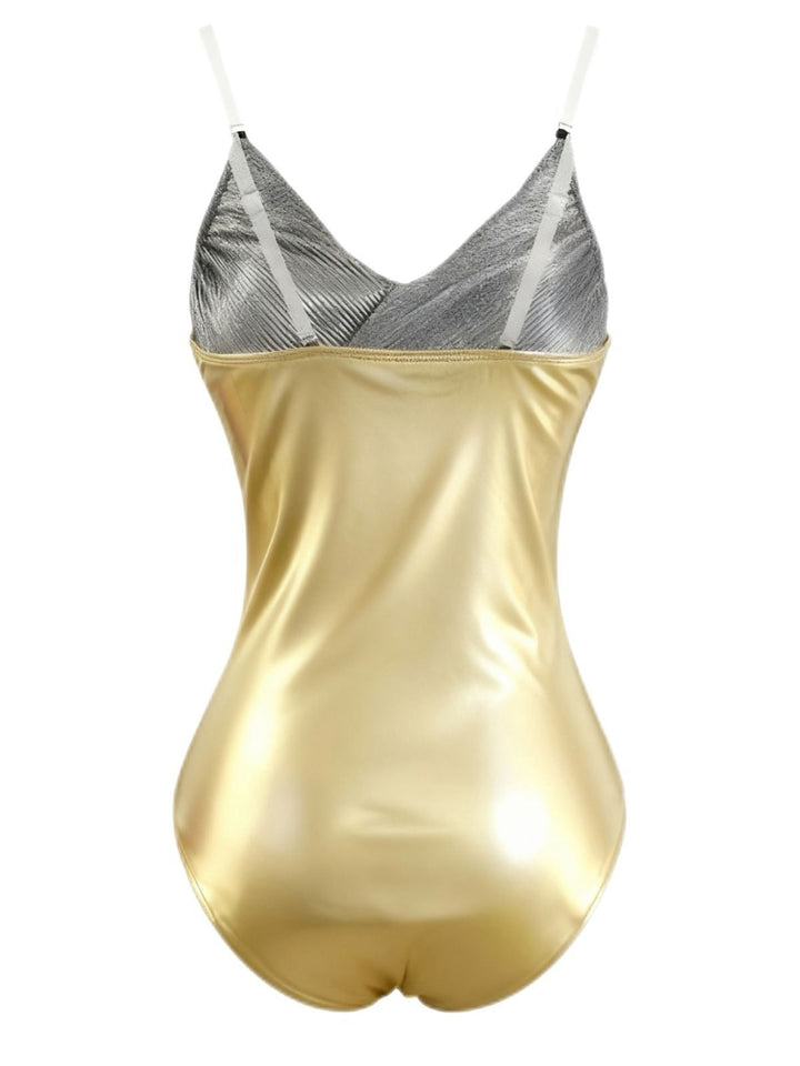 2PCS Gold 1950s Metallic One-Piece Swimsuit &amp; Pleated Cover-Up - vintage swimsuit, pin-up style, glamorous gold
