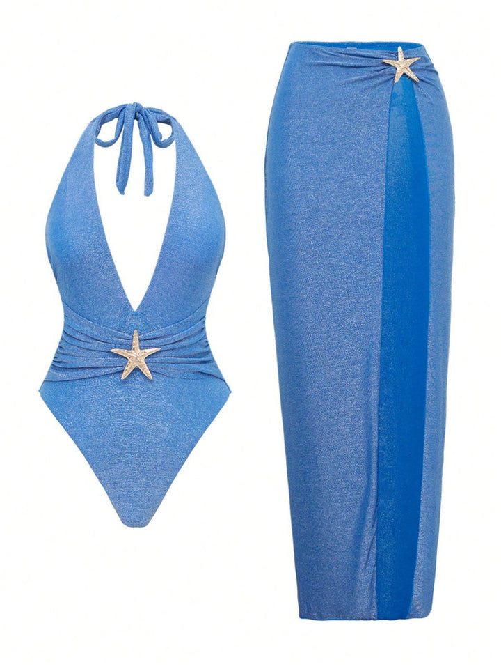 2PCS Lake Blue 1950s Star Lace-Up Halter Swimsuit &amp; Cover-Up - vintage swimsuit, pin-up style