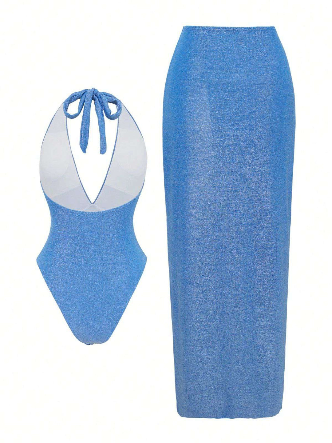 2PCS Lake Blue 1950s Star Lace-Up Halter Swimsuit &amp; Cover-Up - vintage swimsuit, pin-up style
