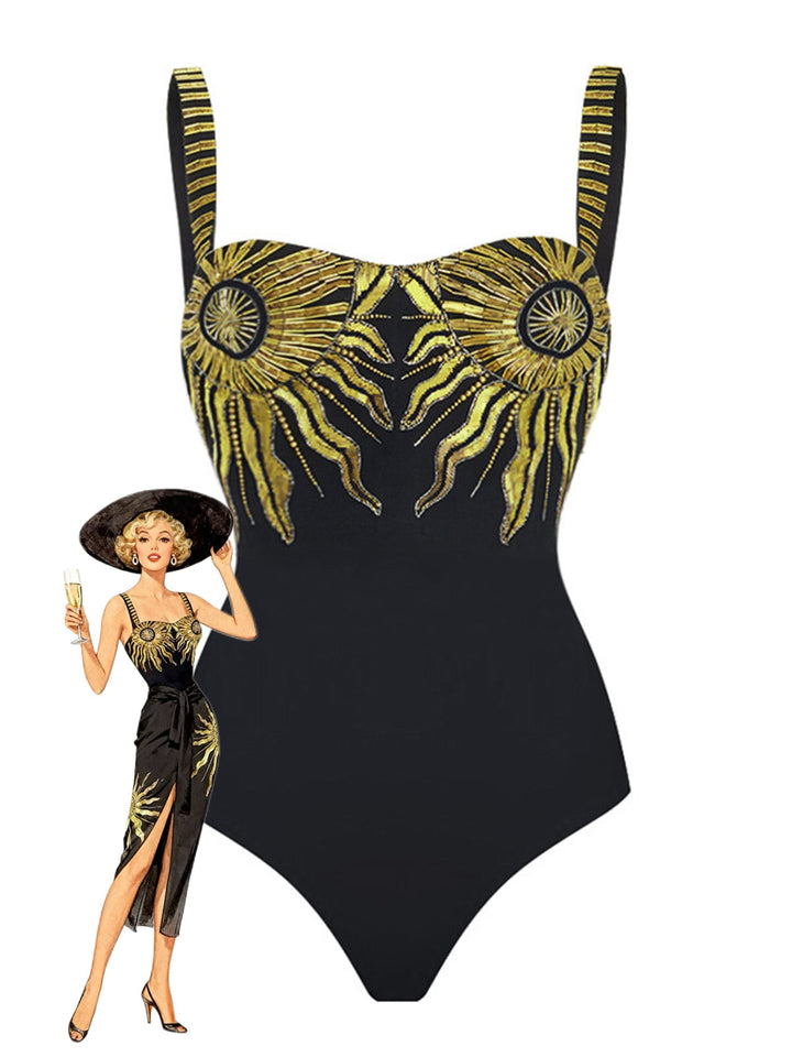 Black 1950s Sequined Sunflower Backless Swimsuit &amp; Cover-Up - vintage swimsuit, pin-up style, classic black