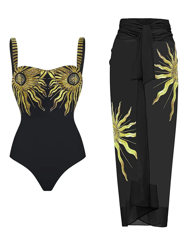 Black 1950s Sequined Sunflower Backless Swimsuit &amp; Cover-Up - vintage swimsuit, pin-up style, classic black