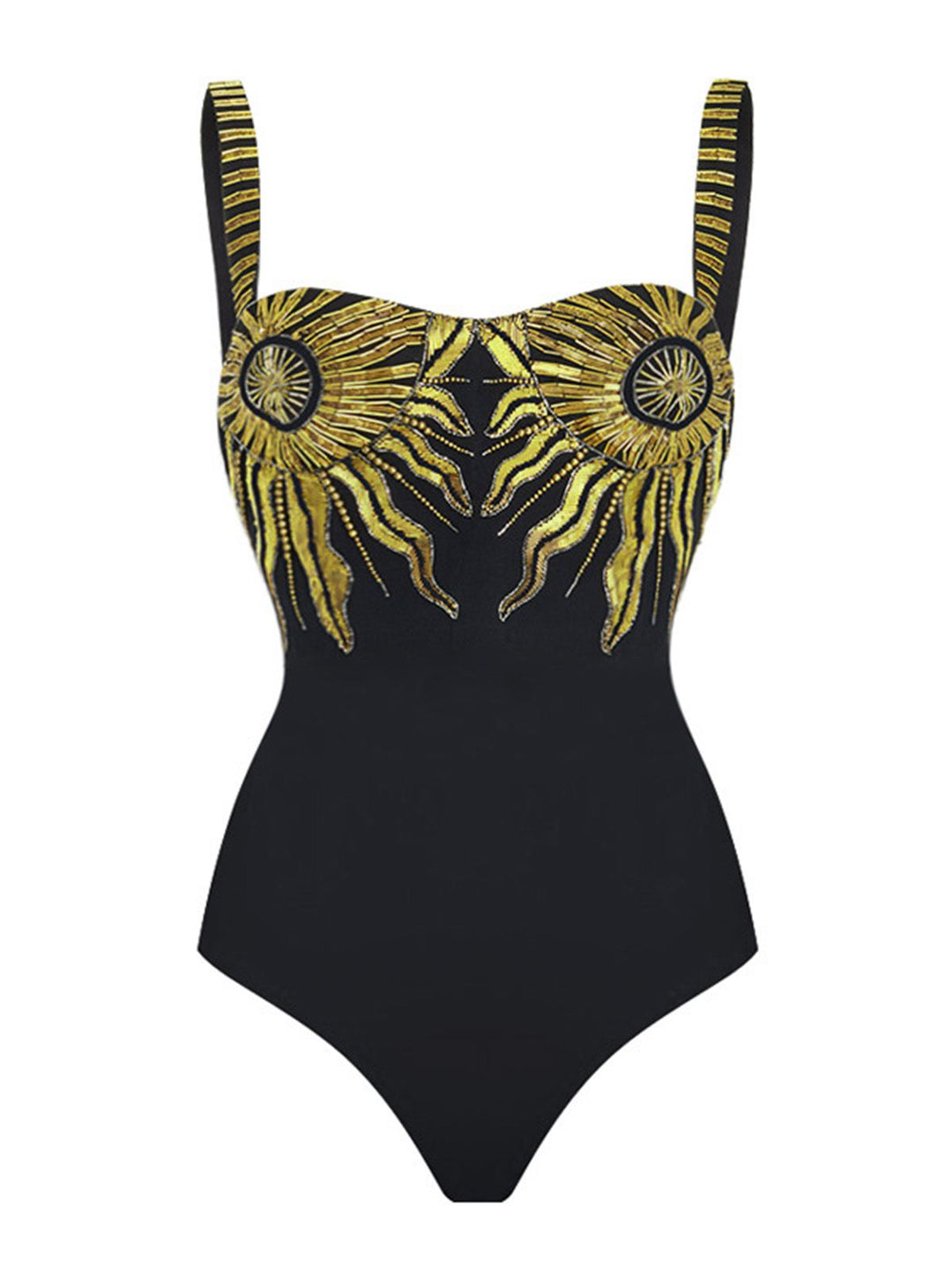 Black 1950s Sequined Sunflower Backless Swimsuit &amp; Cover-Up - vintage swimsuit, pin-up style, classic black