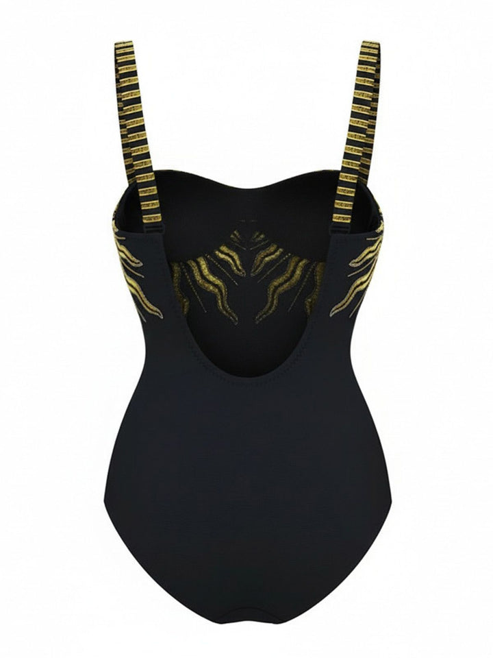 Black 1950s Sequined Sunflower Backless Swimsuit &amp; Cover-Up - vintage swimsuit, pin-up style, classic black