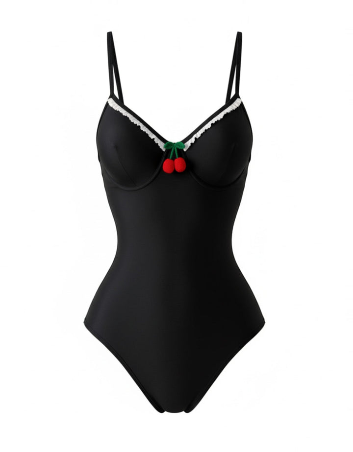 Black 1950s Spaghetti Strap 3D Cherry One-Piece Swimsuit - vintage swimsuit, pin-up style, classic black