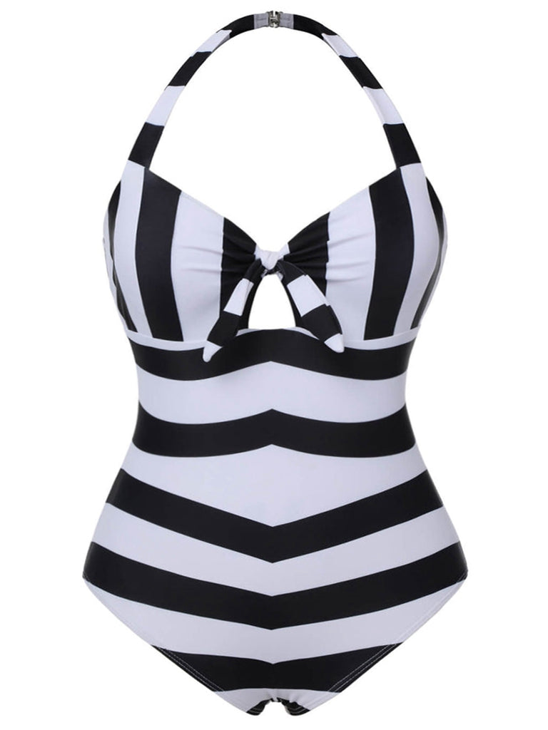 Black &amp; White 1950s Barbie Striped Halter One-Piece Swimsuit - vintage swimsuit, pin-up style, classic black
