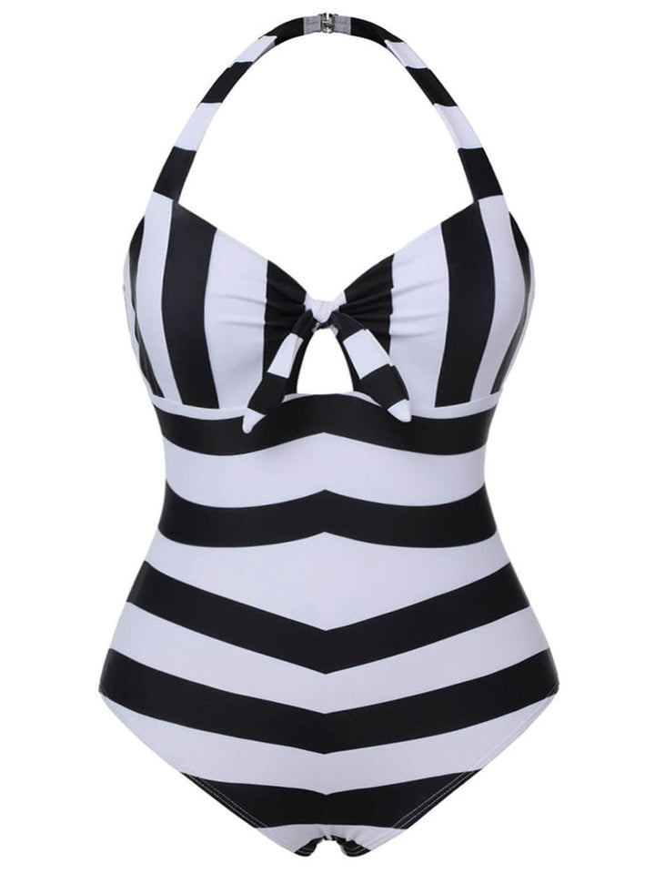 Black &amp; White 1950s Barbie Striped Halter One-Piece Swimsuit - vintage swimsuit, pin-up style, classic black
