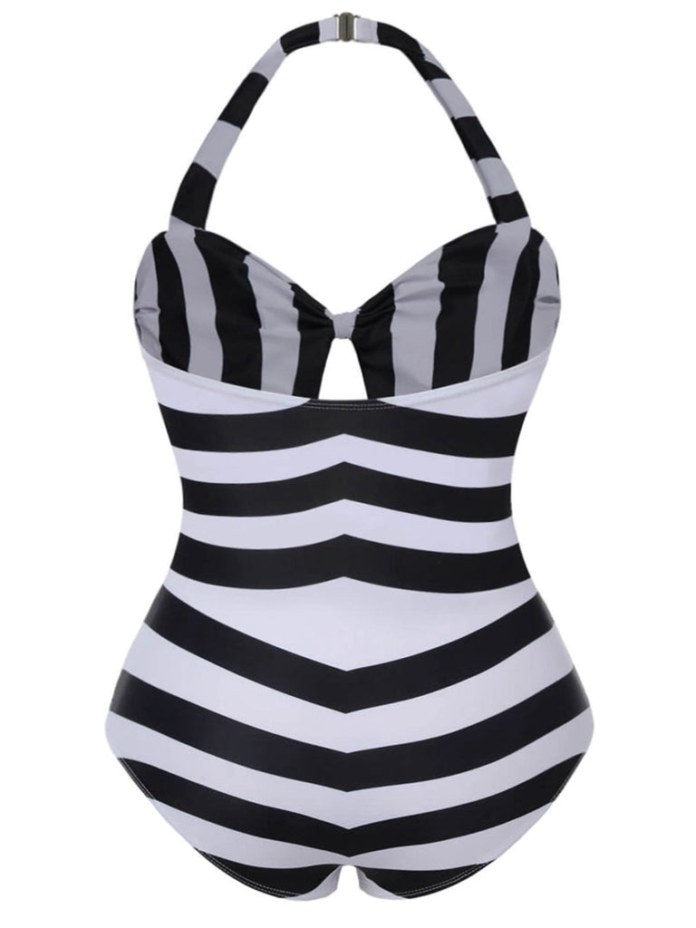 Black &amp; White 1950s Barbie Striped Halter One-Piece Swimsuit - vintage swimsuit, pin-up style, classic black