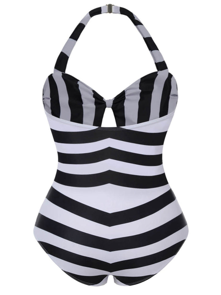 Black &amp; White 1950s Barbie Striped Halter One-Piece Swimsuit - vintage swimsuit, pin-up style, classic black