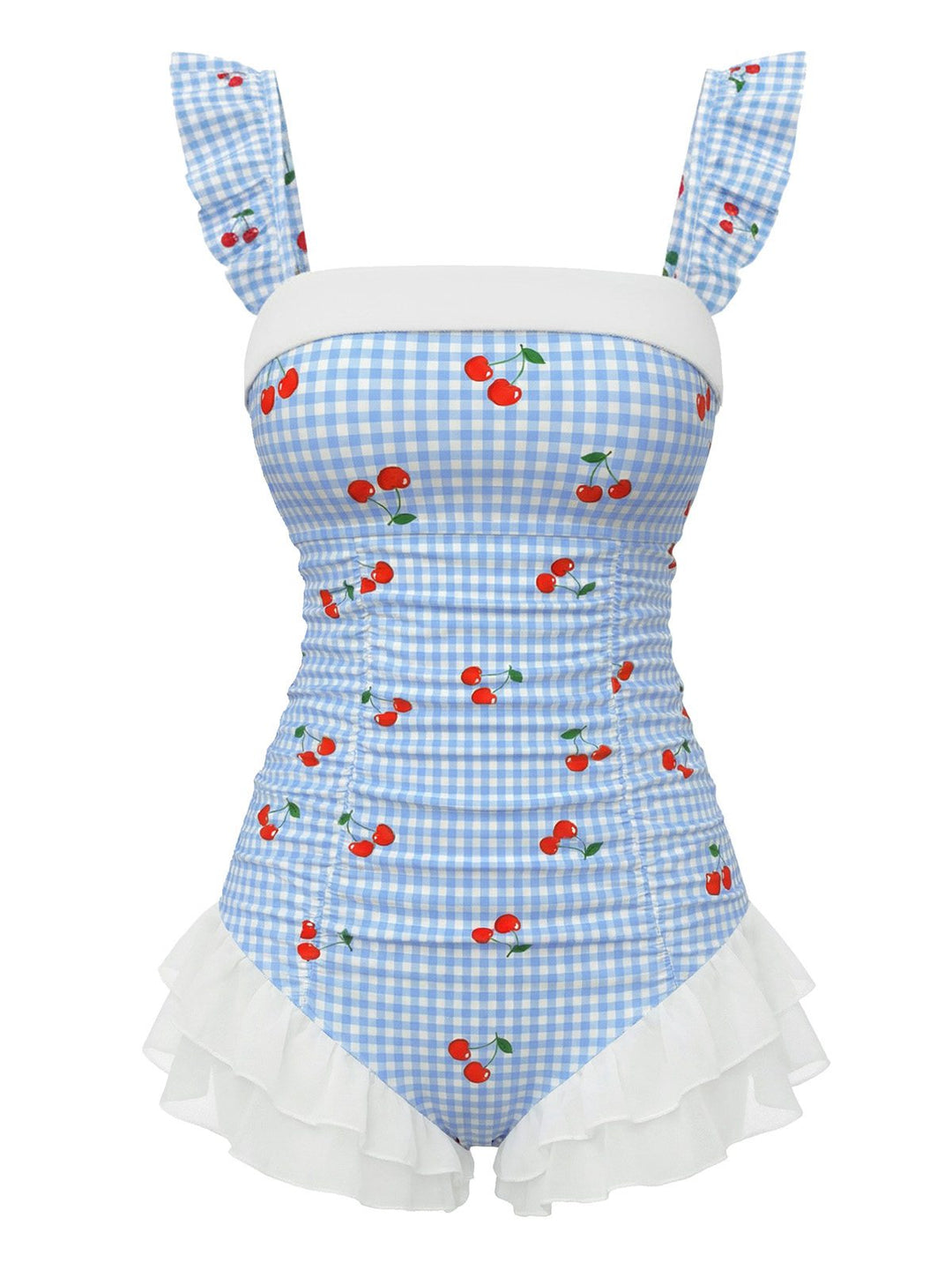 Blue 1950s Cherry Plaid Ruffled Mesh One-Piece Swimsuit - vintage swimsuit, pin-up style