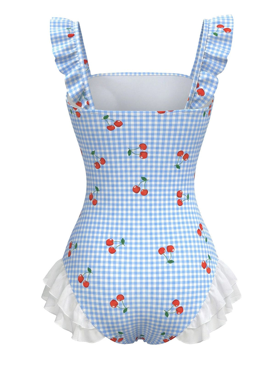 Blue 1950s Cherry Plaid Ruffled Mesh One-Piece Swimsuit - vintage swimsuit, pin-up style