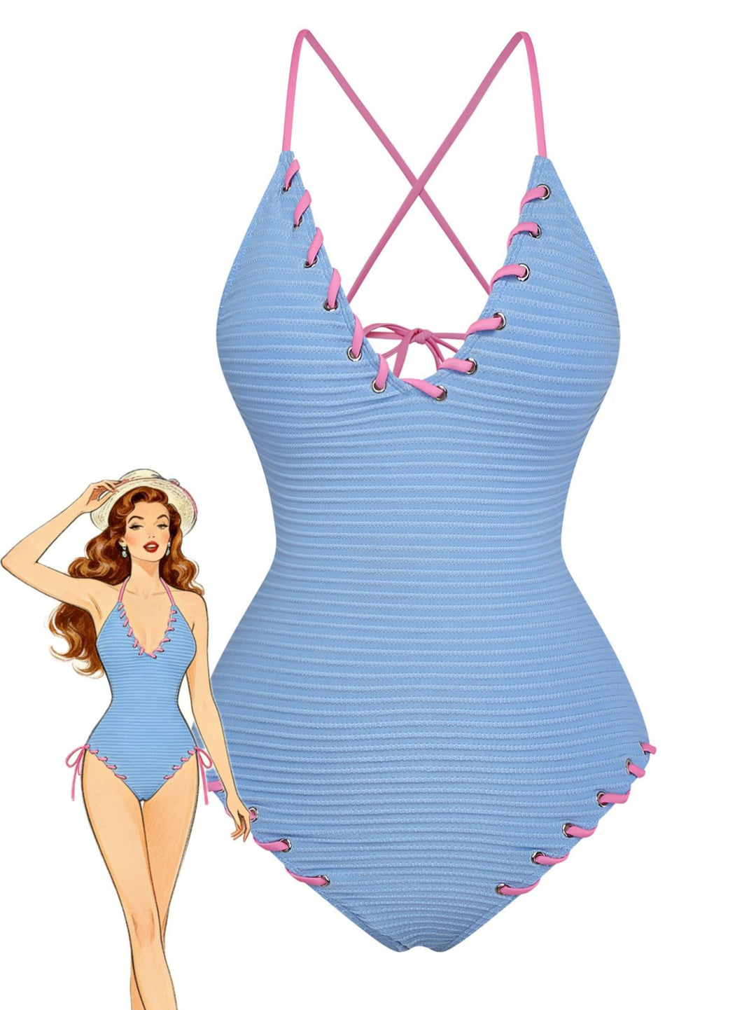 Light Blue 1950s Stripe Lace-Up Ruched One-Piece Swimsuit - vintage swimsuit, pin-up style
