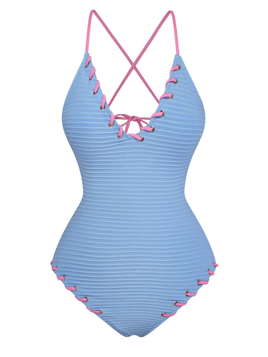 Light Blue 1950s Stripe Lace-Up Ruched One-Piece Swimsuit - vintage swimsuit, pin-up style