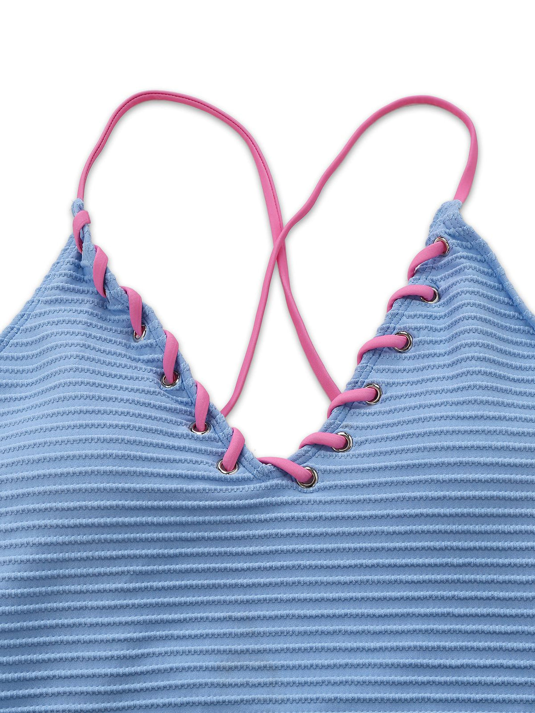 Light Blue 1950s Stripe Lace-Up Ruched One-Piece Swimsuit - vintage swimsuit, pin-up style