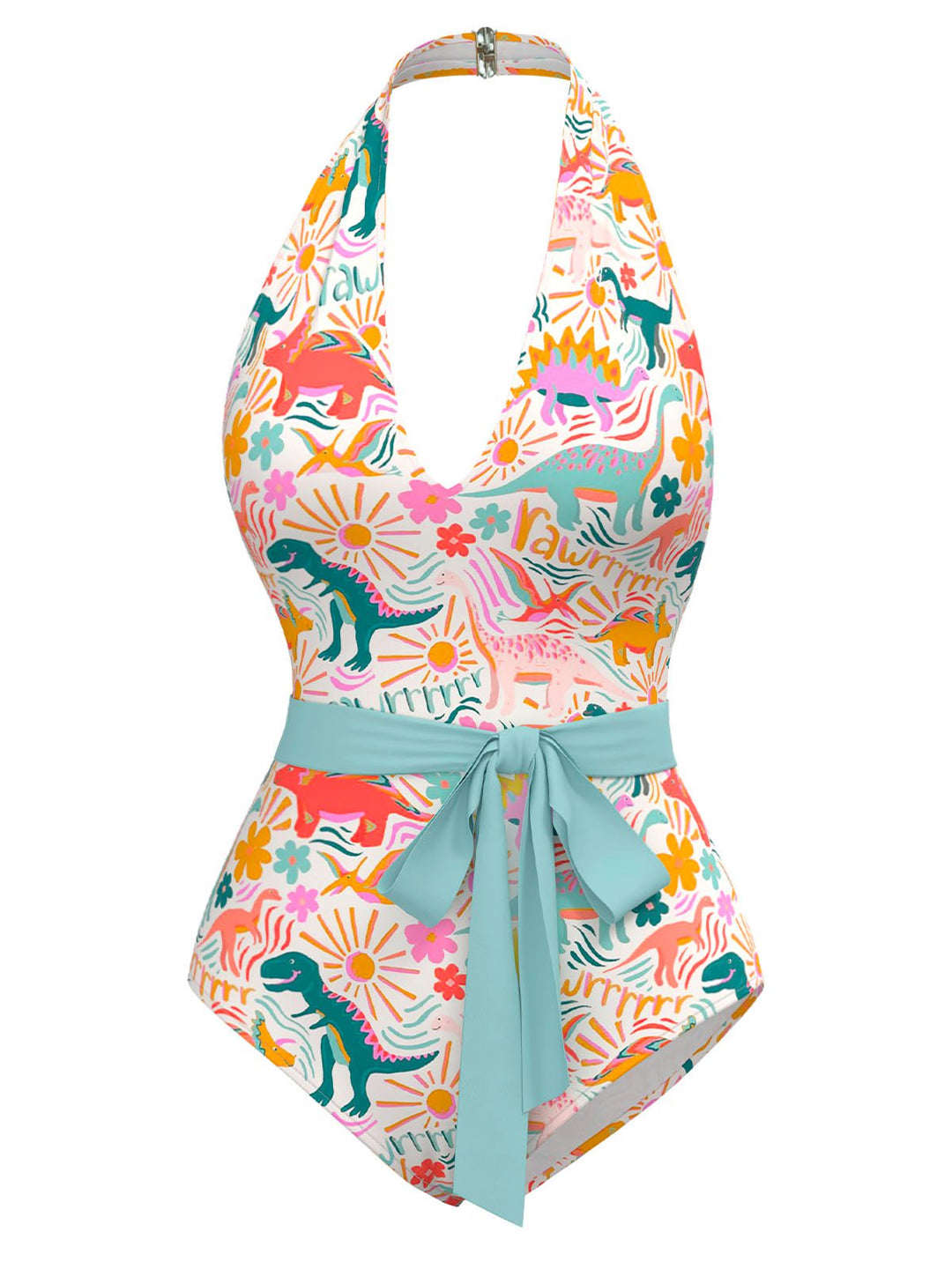 Multicolor 1950s Dinosaur Print Halter One-Piece Swimsuit - vintage swimsuit, pin-up style