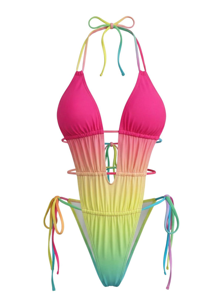Multicolor 1950s Ruched Gradient Beach One-Piece Swimsuit - vintage swimsuit, pin-up style