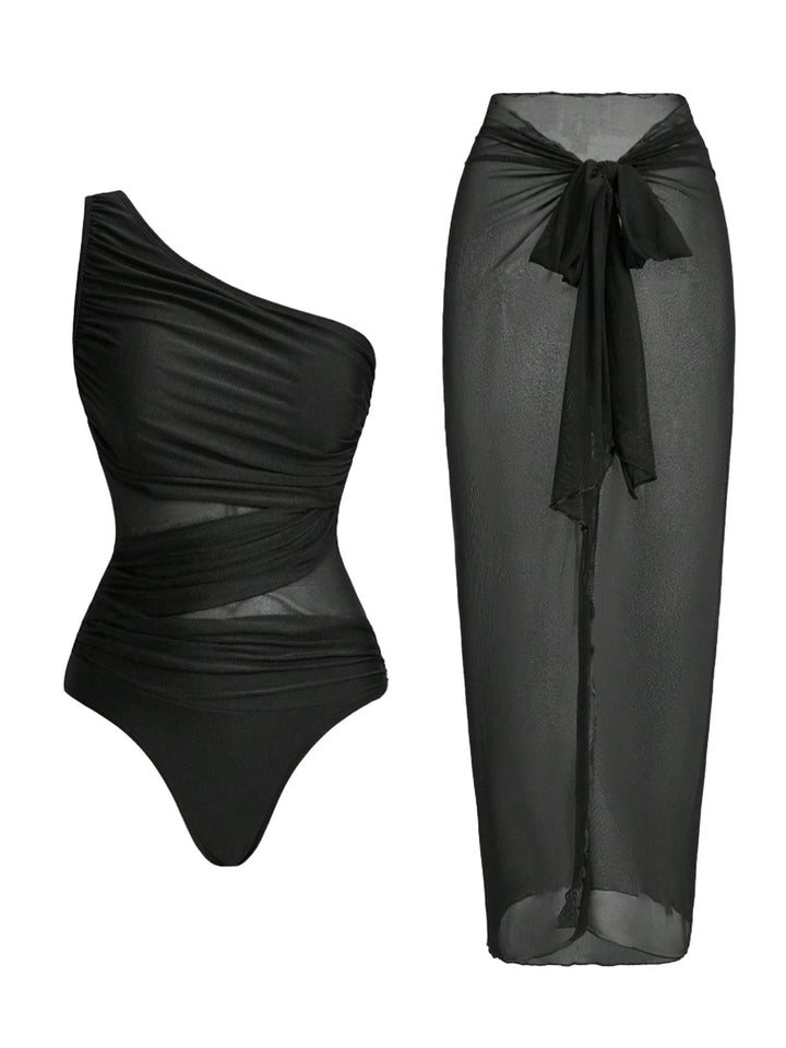1950s One-Shoulder Ruched Tummy Control One-Piece Swimsuit &amp; Cover-Up - vintage swimsuit, pin-up style
