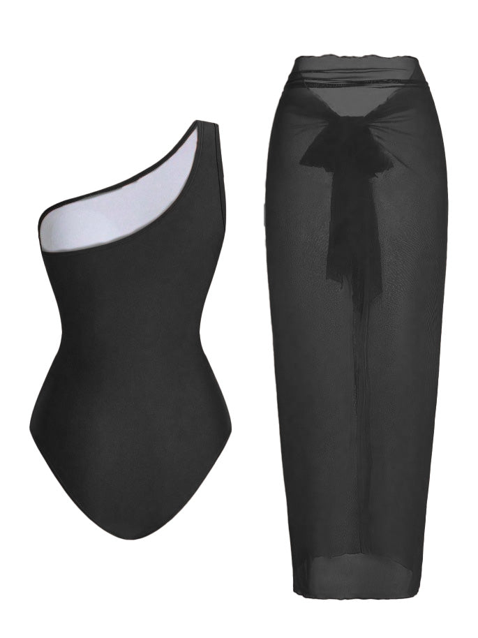 1950s One-Shoulder Ruched Tummy Control One-Piece Swimsuit &amp; Cover-Up - vintage swimsuit, pin-up style