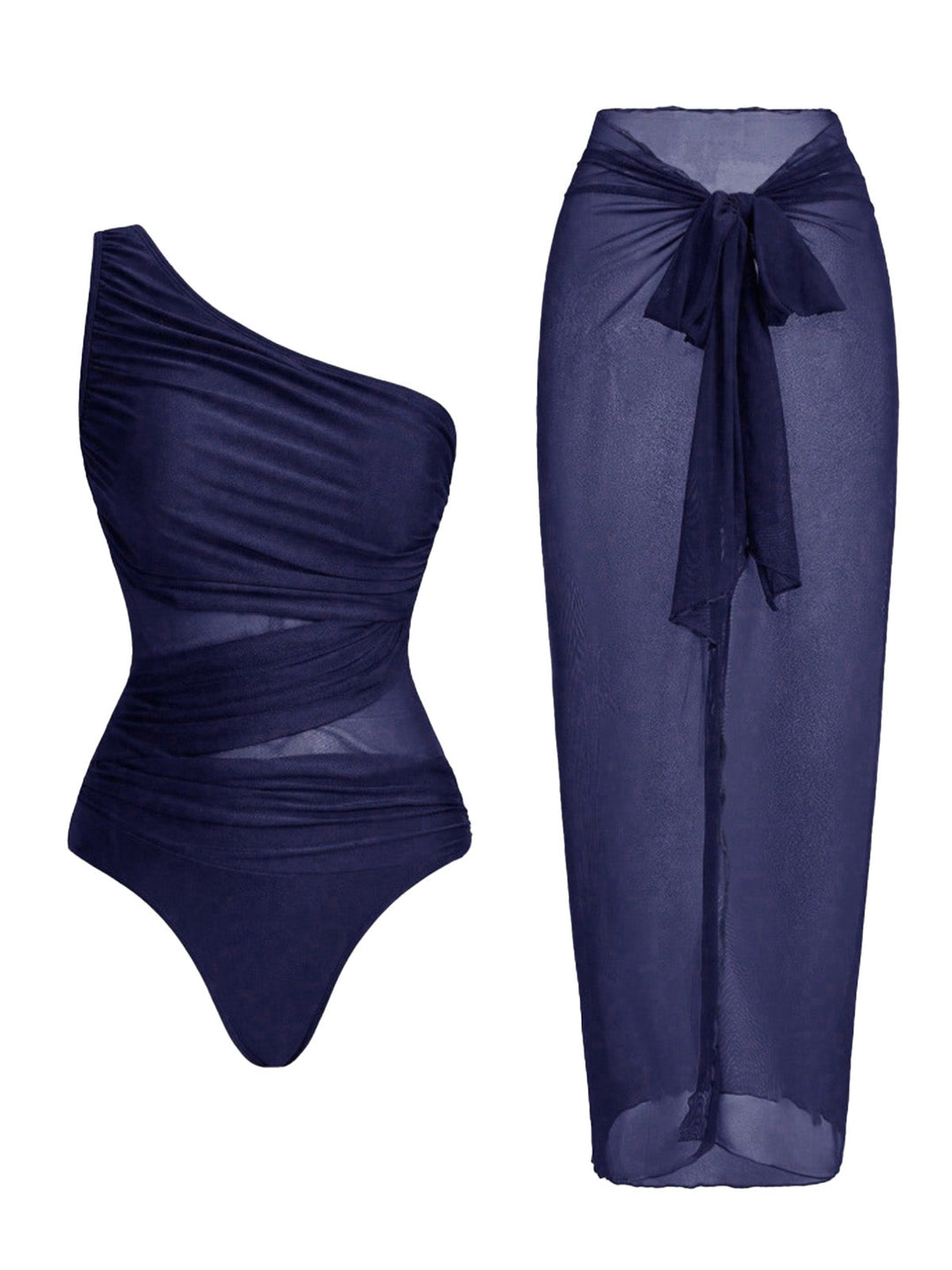 1950s One-Shoulder Ruched Tummy Control One-Piece Swimsuit &amp; Cover-Up - vintage swimsuit, pin-up style