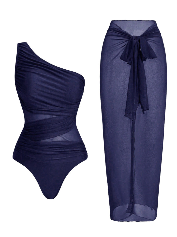 1950s One-Shoulder Ruched Tummy Control One-Piece Swimsuit &amp; Cover-Up - vintage swimsuit, pin-up style