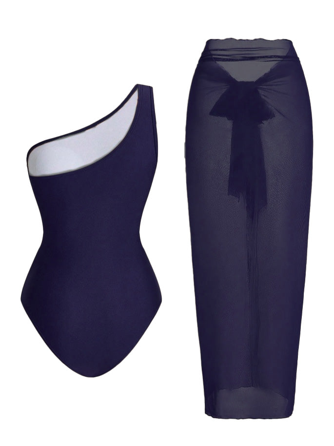 1950s One-Shoulder Ruched Tummy Control One-Piece Swimsuit &amp; Cover-Up - vintage swimsuit, pin-up style