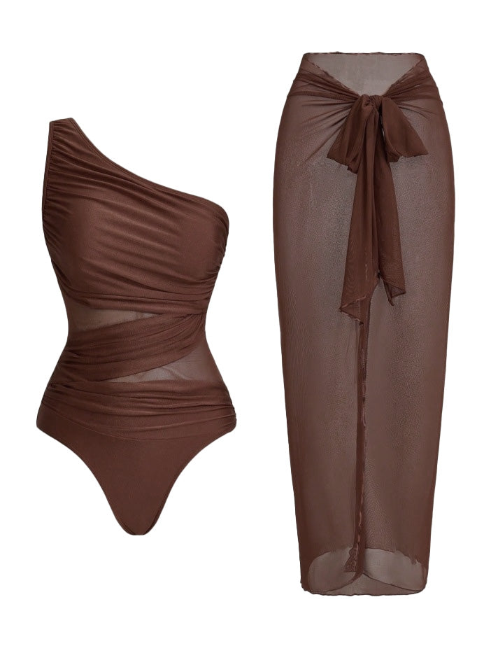 1950s One-Shoulder Ruched Tummy Control One-Piece Swimsuit &amp; Cover-Up - vintage swimsuit, pin-up style
