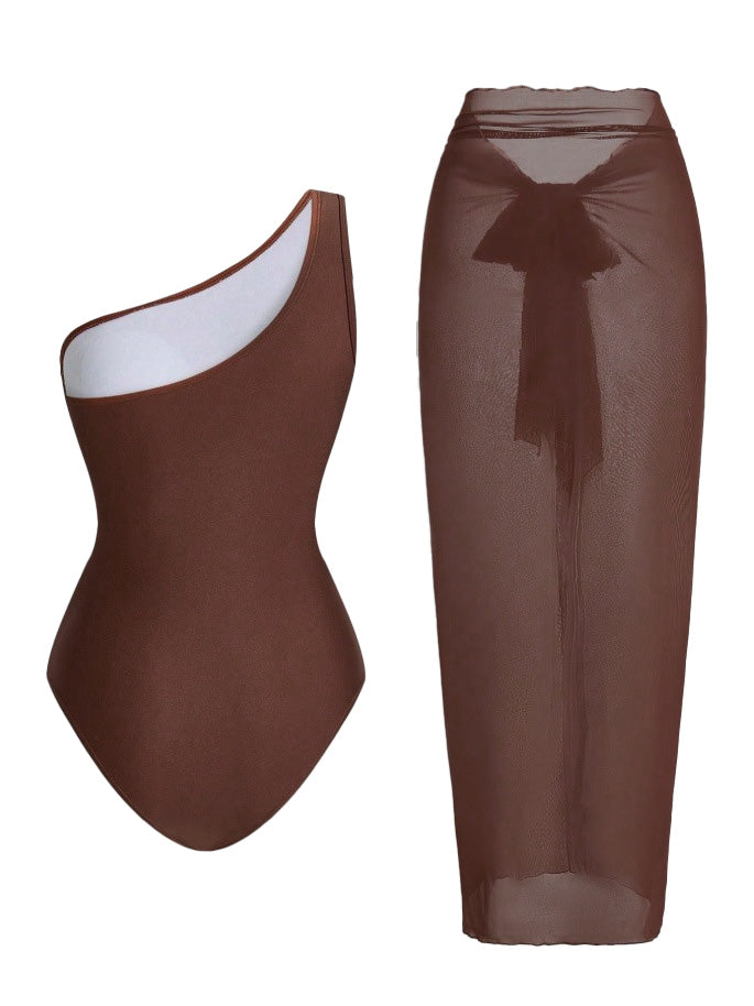 1950s One-Shoulder Ruched Tummy Control One-Piece Swimsuit &amp; Cover-Up - vintage swimsuit, pin-up style