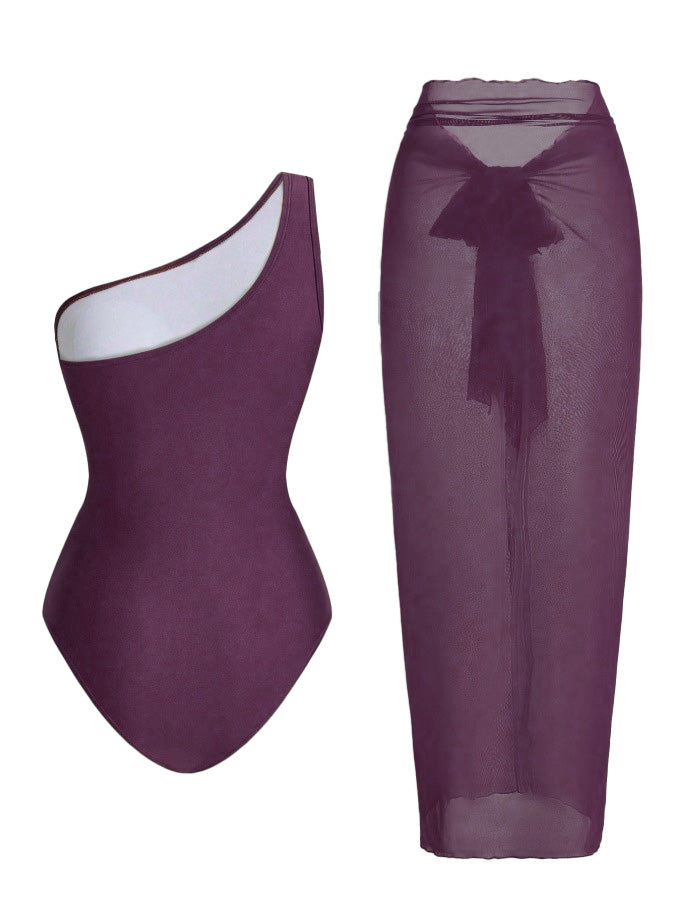 1950s One-Shoulder Ruched Tummy Control One-Piece Swimsuit &amp; Cover-Up - vintage swimsuit, pin-up style