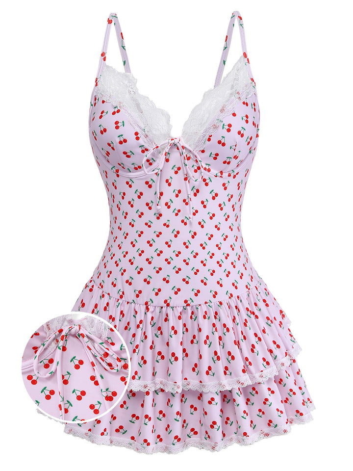 Pink 1950s Cherry Print Lace Trim One-Piece Swimsuit - vintage swimsuit, pin-up style