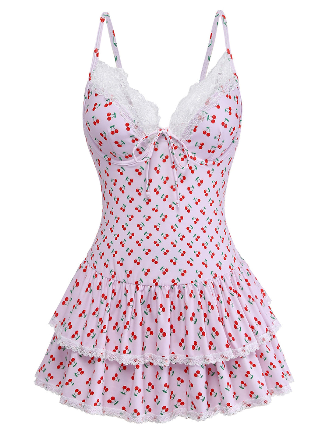 Pink 1950s Cherry Print Lace Trim One-Piece Swimsuit - vintage swimsuit, pin-up style