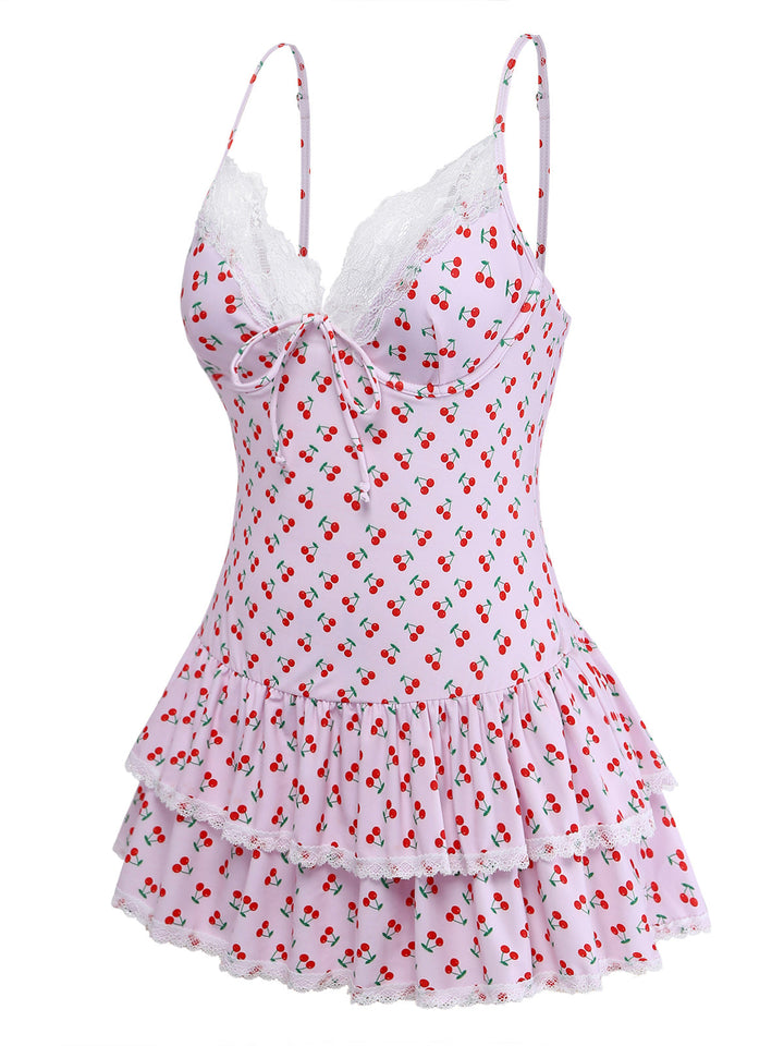 Pink 1950s Cherry Print Lace Trim One-Piece Swimsuit - vintage swimsuit, pin-up style