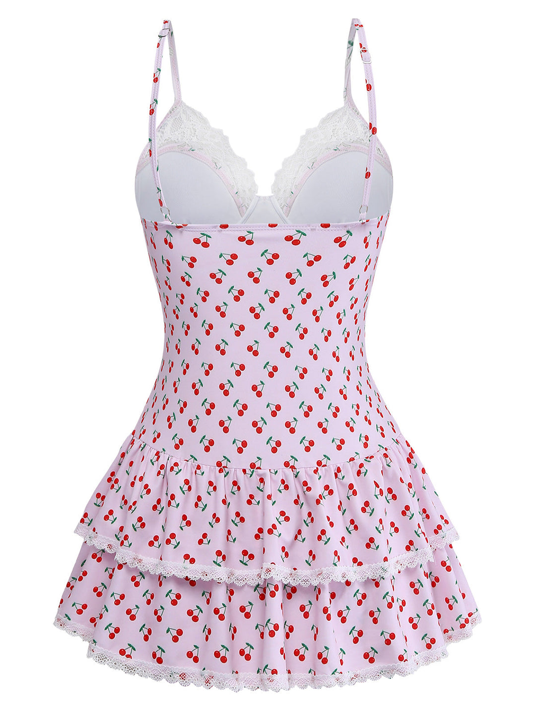 Pink 1950s Cherry Print Lace Trim One-Piece Swimsuit - vintage swimsuit, pin-up style