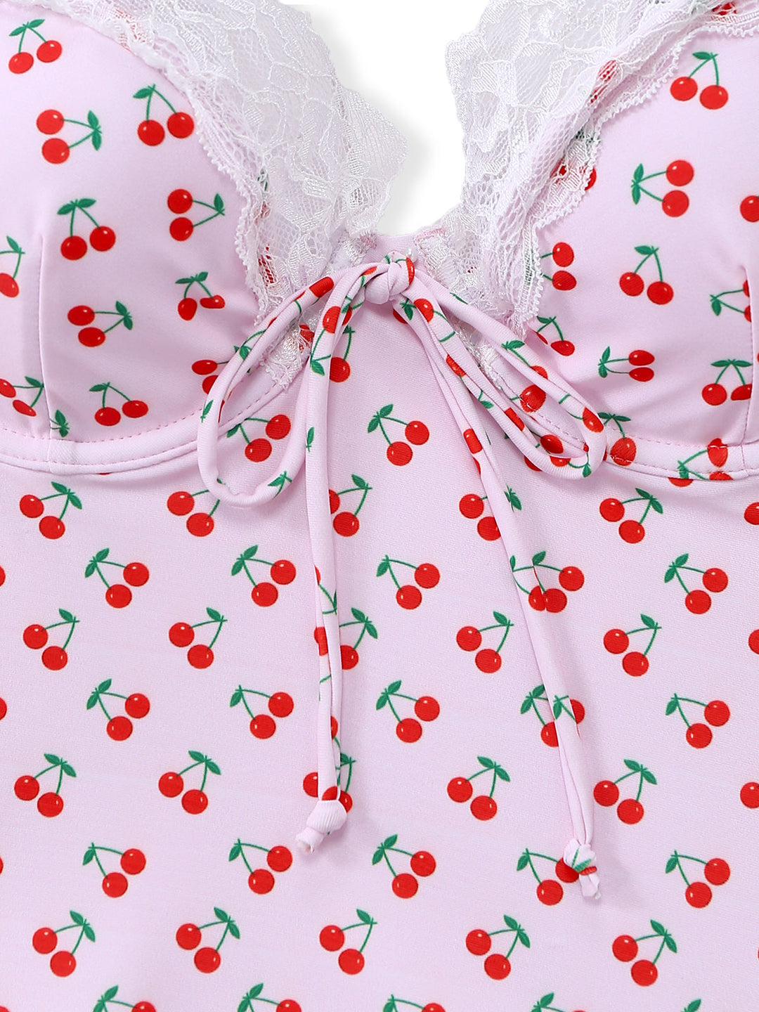 Pink 1950s Cherry Print Lace Trim One-Piece Swimsuit - vintage swimsuit, pin-up style