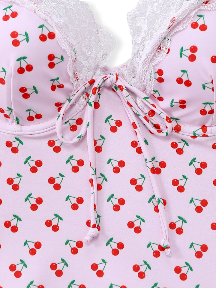Pink 1950s Cherry Print Lace Trim One-Piece Swimsuit - vintage swimsuit, pin-up style