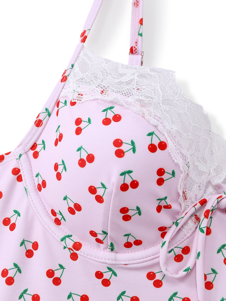 Pink 1950s Cherry Print Lace Trim One-Piece Swimsuit - vintage swimsuit, pin-up style