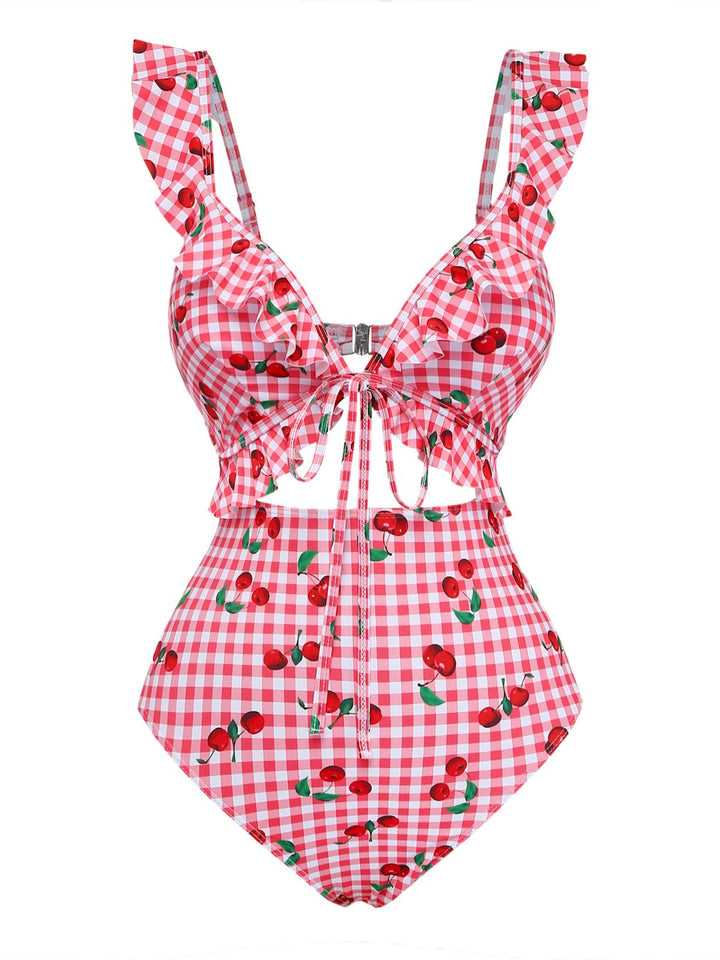 Red 1950s Plaid Cherry Ruffled Sweetheart Neck One-Piece Swimsuit - vintage swimsuit, pin-up style, elegant red