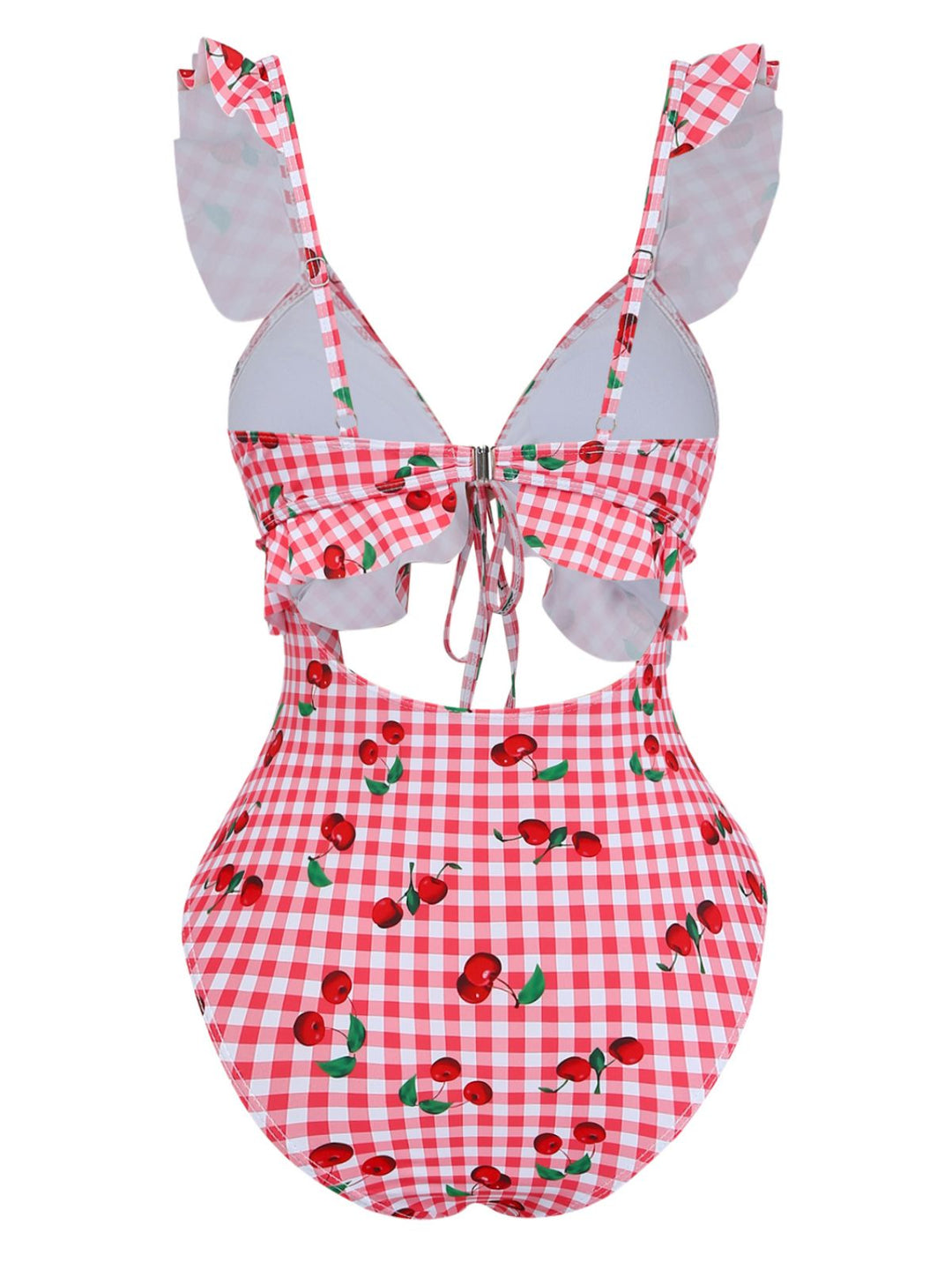 Red 1950s Plaid Cherry Ruffled Sweetheart Neck One-Piece Swimsuit - vintage swimsuit, pin-up style, elegant red