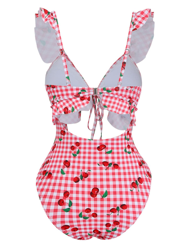 Red 1950s Plaid Cherry Ruffled Sweetheart Neck One-Piece Swimsuit - vintage swimsuit, pin-up style, elegant red
