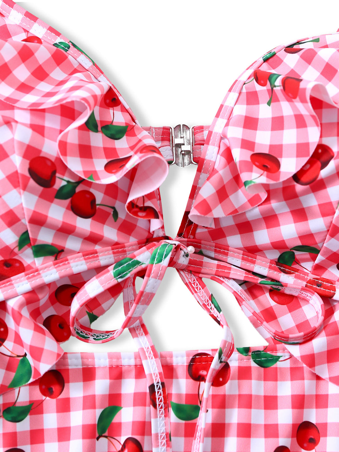 Red 1950s Plaid Cherry Ruffled Sweetheart Neck One-Piece Swimsuit - vintage swimsuit, pin-up style, elegant red