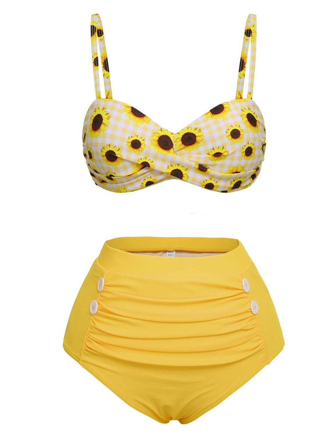 Yellow 1950s Spaghetti Strap Sunflower Plaids Swimsuit - vintage swimsuit, pin-up style