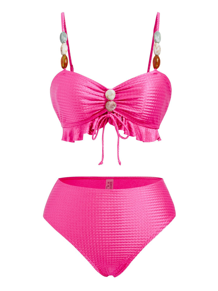 1950s Textured Fabric Colored Stones Bikini Set - vintage fashion, retro style, elegant red