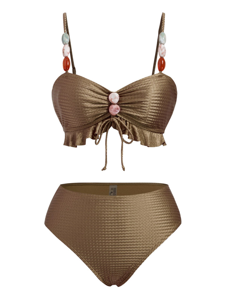 1950s Textured Fabric Colored Stones Bikini Set - vintage fashion, retro style, elegant red
