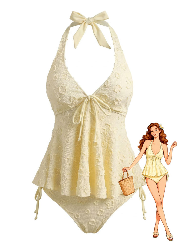 1950s Textured Floral Halter Deep V Tankini Set - vintage fashion, retro style, classic elegance for vintage lovers