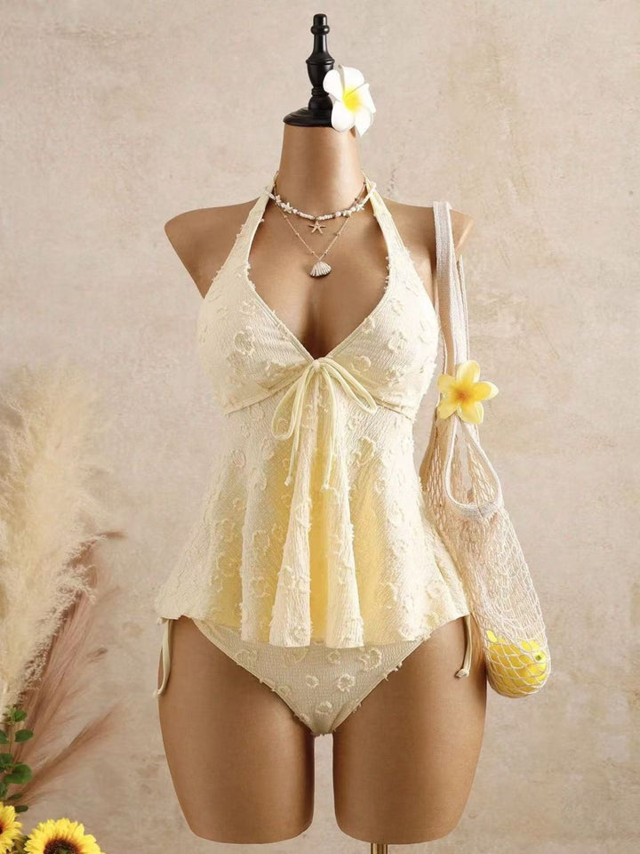 1950s Textured Floral Halter Deep V Tankini Set | vintage fashion, retro style, classic elegance - perfect for retro fashion enthusiasts