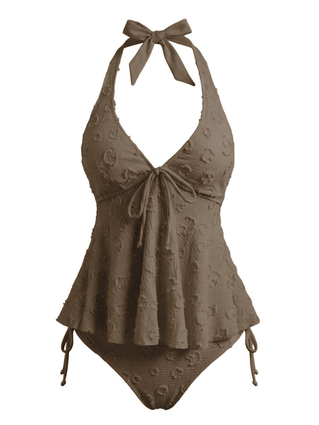 1950s Textured Floral Halter Deep V Tankini Set - vintage fashion, retro style, elegant red