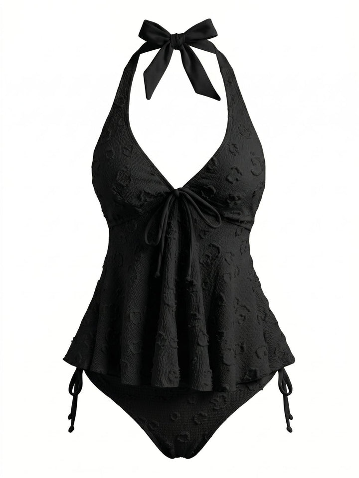 1950s Textured Floral Halter Deep V Tankini Set - vintage fashion, retro style, elegant red